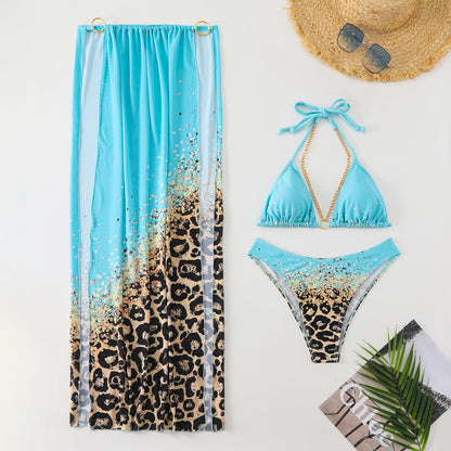 Bikini Leopard Print 3pieces Set Halter Neck