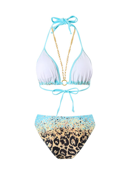 Bikini Leopard Print 3pieces Set Halter Neck