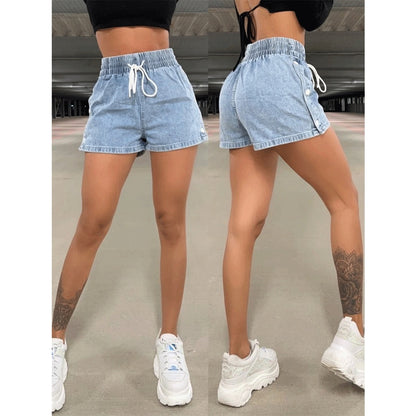 Elastic Waist Casual Denim Shorts Solid Color