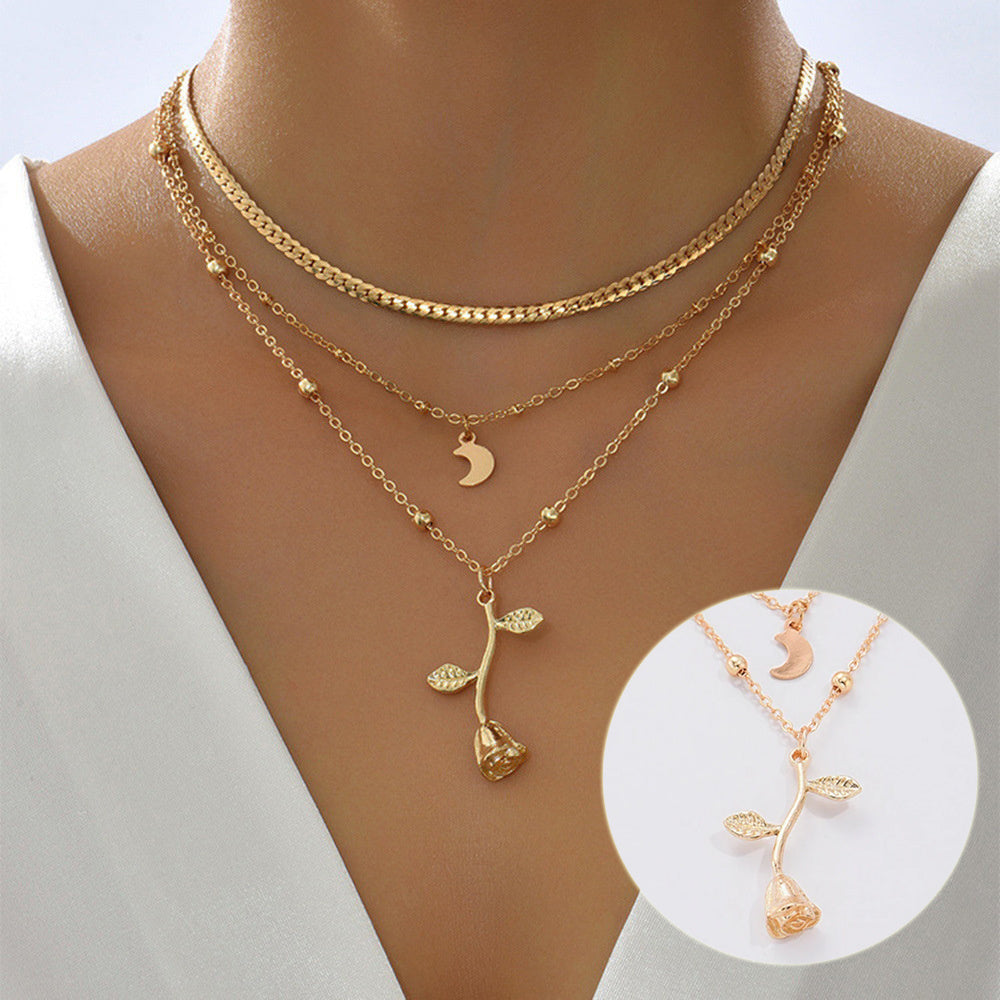 Multilayer Gold Color Pendant Necklace Rose Flower