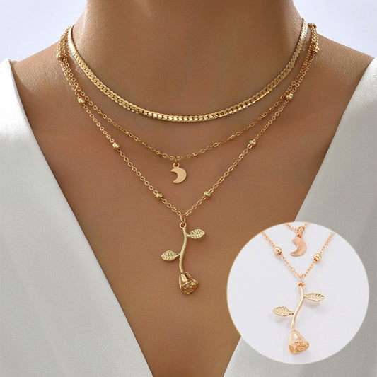 Multilayer Gold Color Pendant Necklace Rose Flower