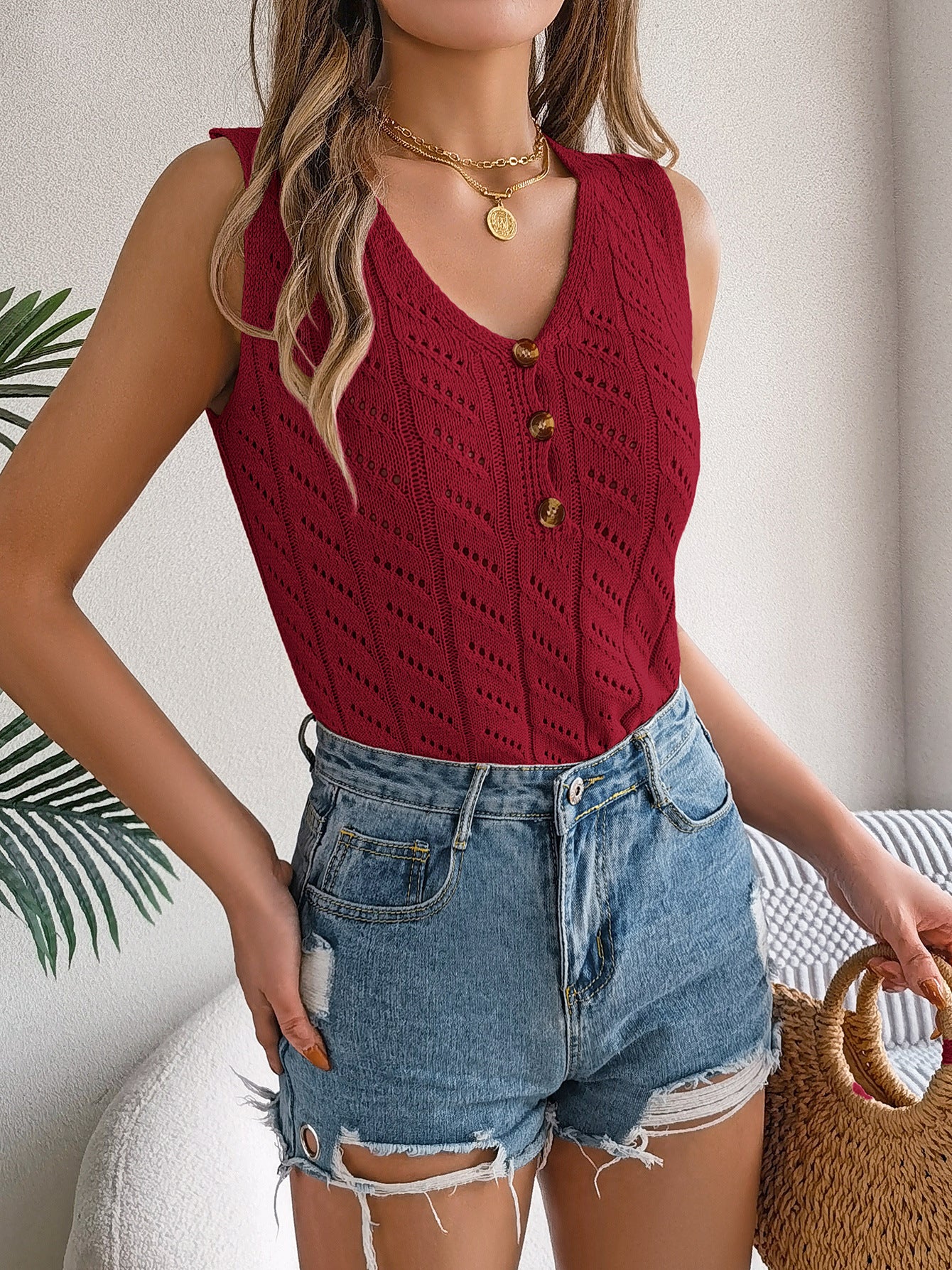 V-neck Top Knitted Sleeveless Sweater Buttons
