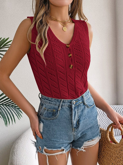 V-neck Top Knitted Sleeveless Sweater Buttons