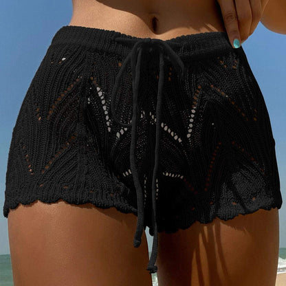 Beach Shorts Solid Color Knitted Hollow-out