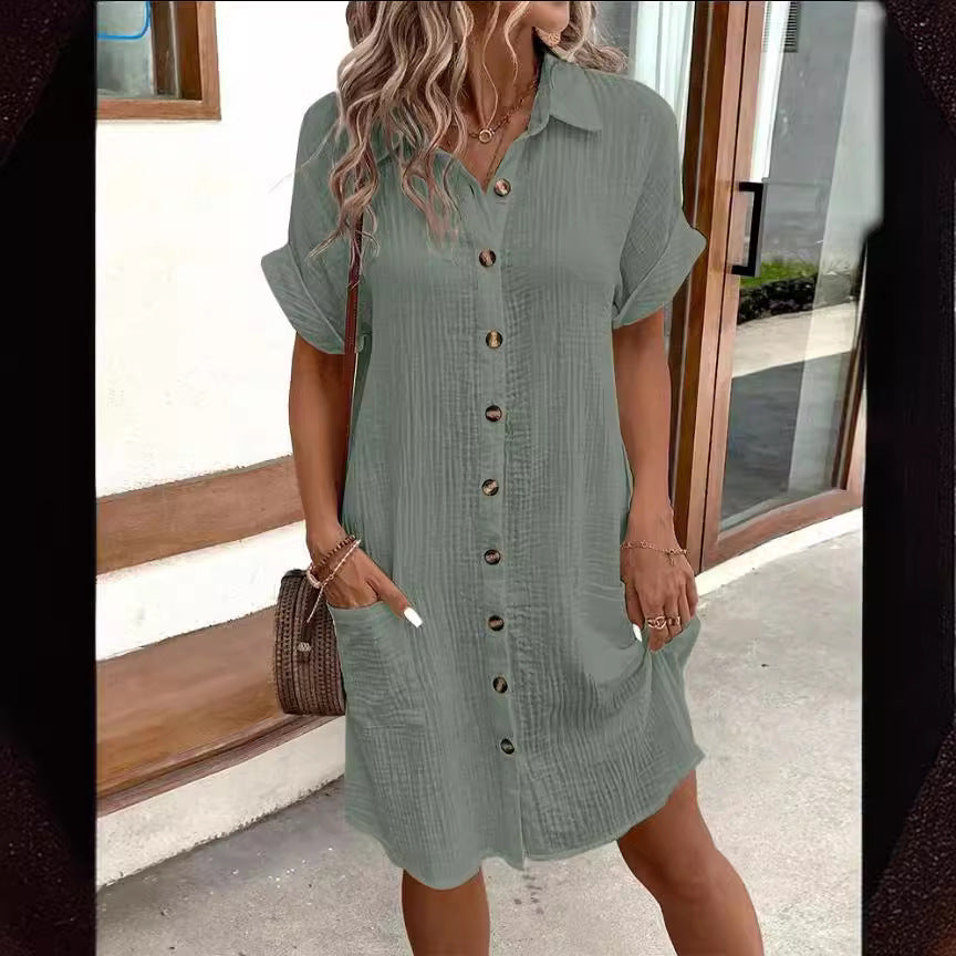 Short Sleeve Shirt Dress Solid Color Mid-length Loose Dress
