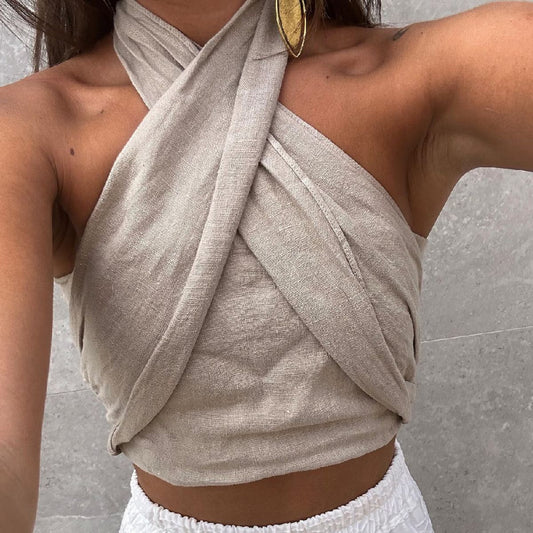 Open Back Vest Linen Blend Top Cross Straps