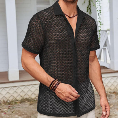 Mesh Short Sleeve Shirt Solid Color Lapel Shirt