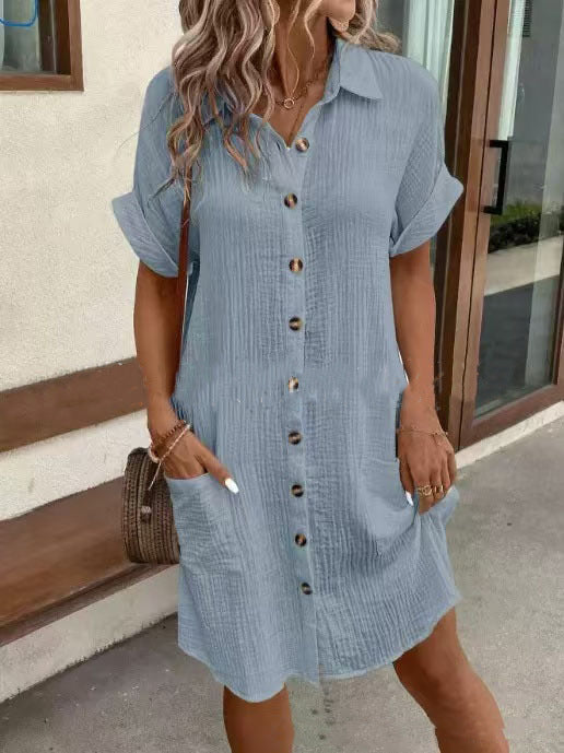Short Sleeve Shirt Dress Solid Color Mid-length Loose Dress