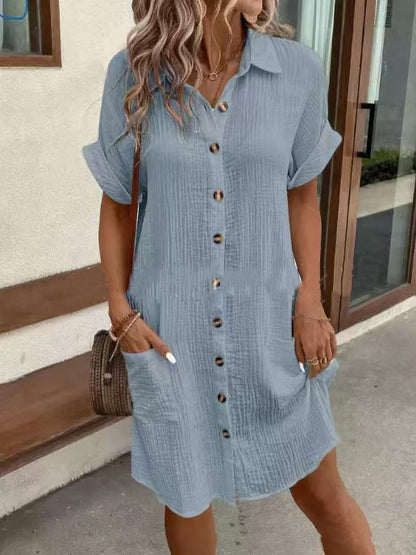 Short Sleeve Shirt Dress Solid Color Mid-length Loose Dress