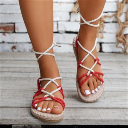 Cross-strap Rope Sandals Round Toe Flat Roman Shoes