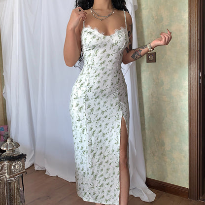 Lace Flower Print Long Dress Side Slit Suspender Dress