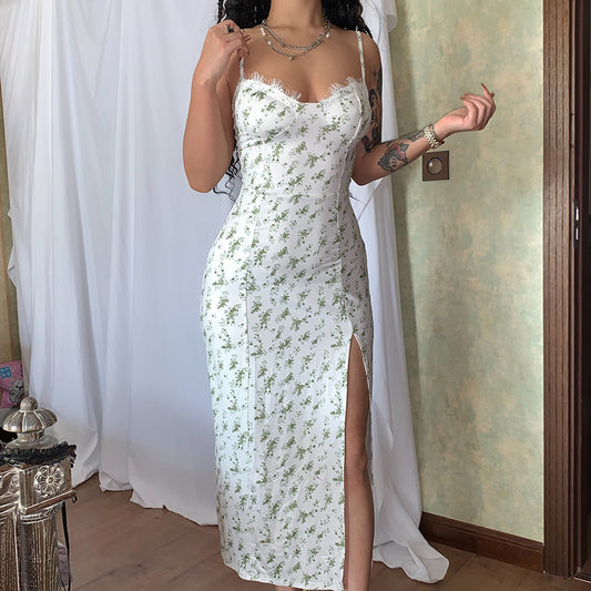 Lace Flower Print Long Dress Side Slit Suspender Dress