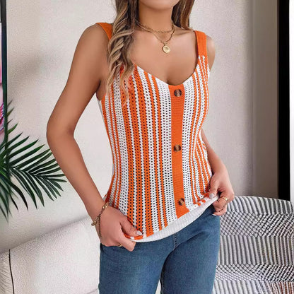V-neck Top Knitted Sleeveless Contrast Color