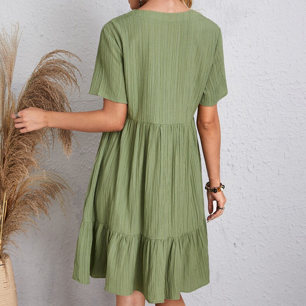 V-neck Short Sleeve Dress Summer Casual Loose Ruffled Dress