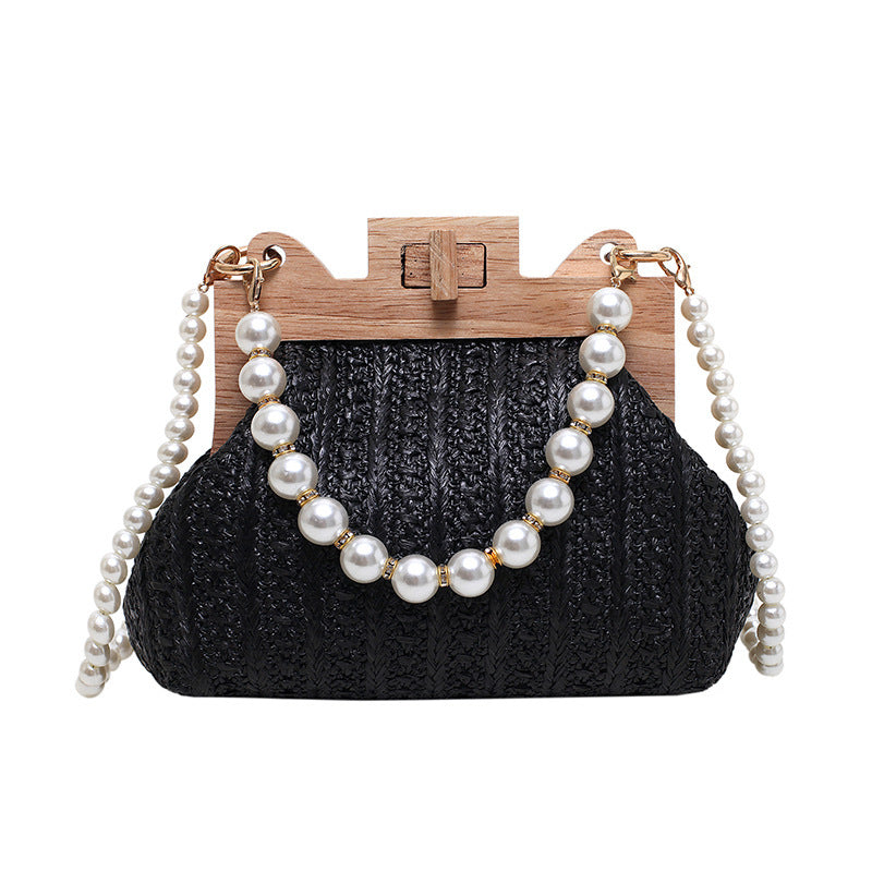 Straw Beach Pearl Chain Woven Shoulder Bag