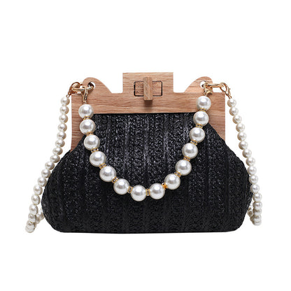 Straw Beach Pearl Chain Woven Shoulder Bag