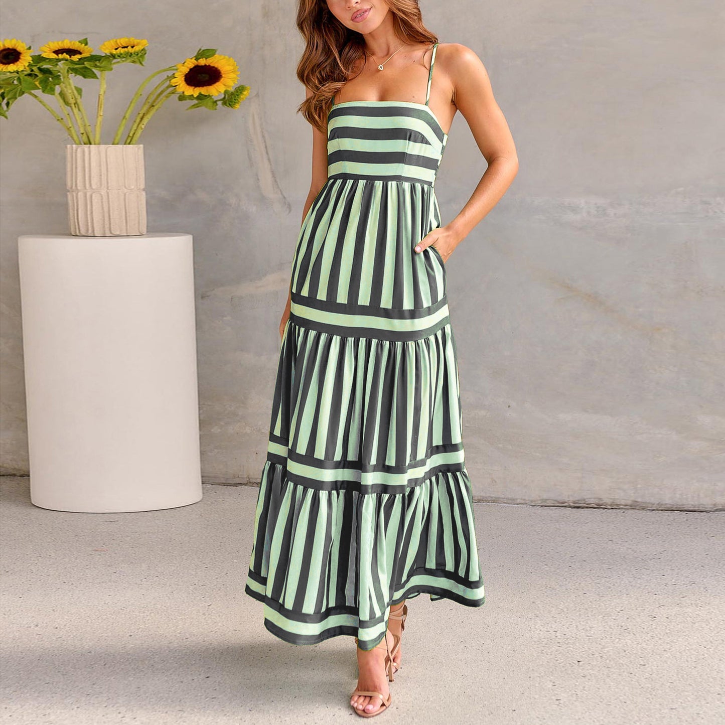 Striped Suspender Long Dress With Pockets Square Neck Backless Dresses
