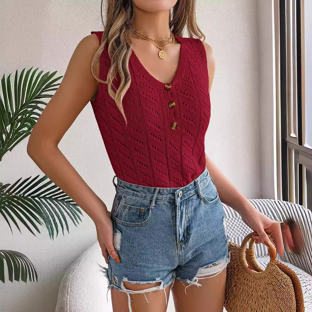 V-neck Top Knitted Sleeveless Sweater Buttons