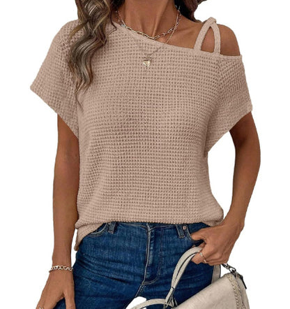 Short-sleeved Knitted Solid Color Womens Top Off-shoulder