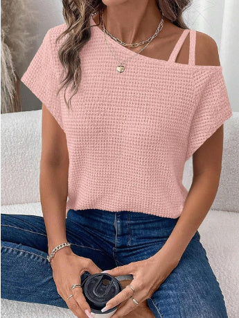 Short-sleeved Knitted Solid Color Womens Top Off-shoulder