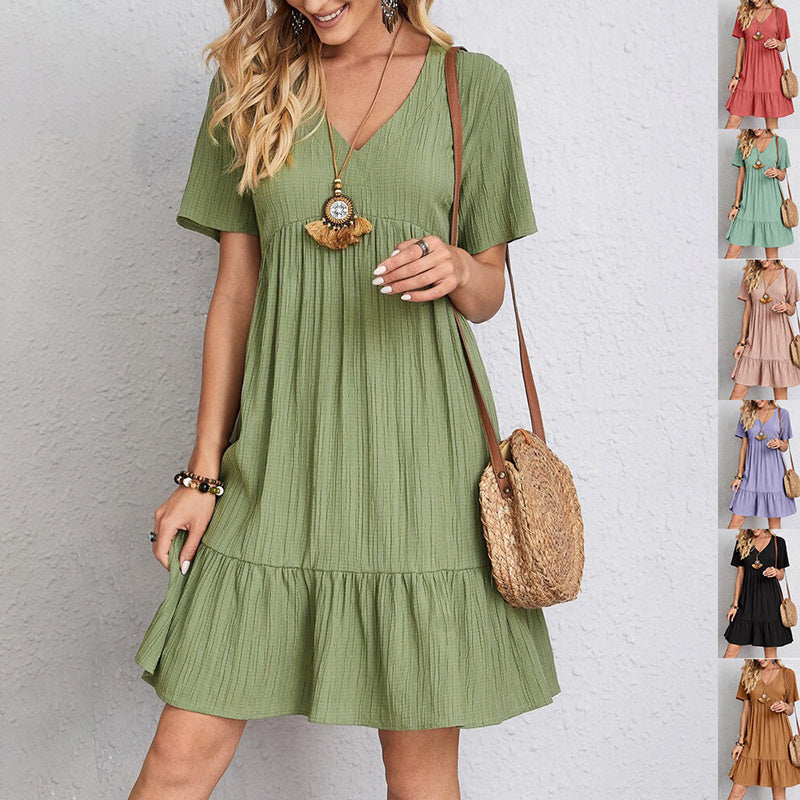 V-neck Short Sleeve Dress Summer Casual Loose Ruffled Dress