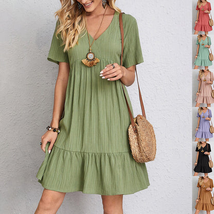 V-neck Short Sleeve Dress Summer Casual Loose Ruffled Dress