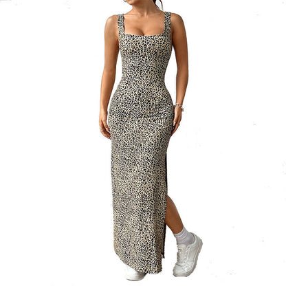Casual Leopard Print Suspender Long Dress Open Back