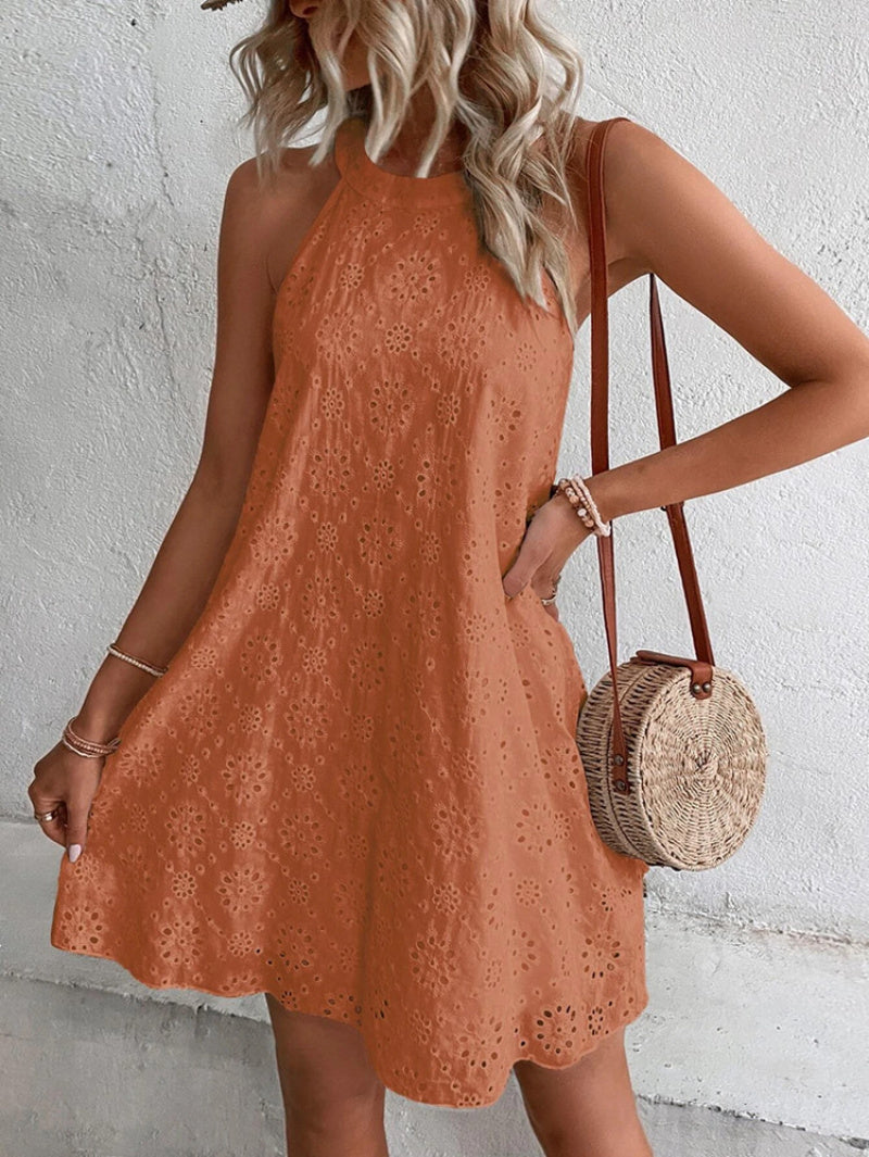 Women's Lace Solid Color Sleeveless Button Halter Neck Dress