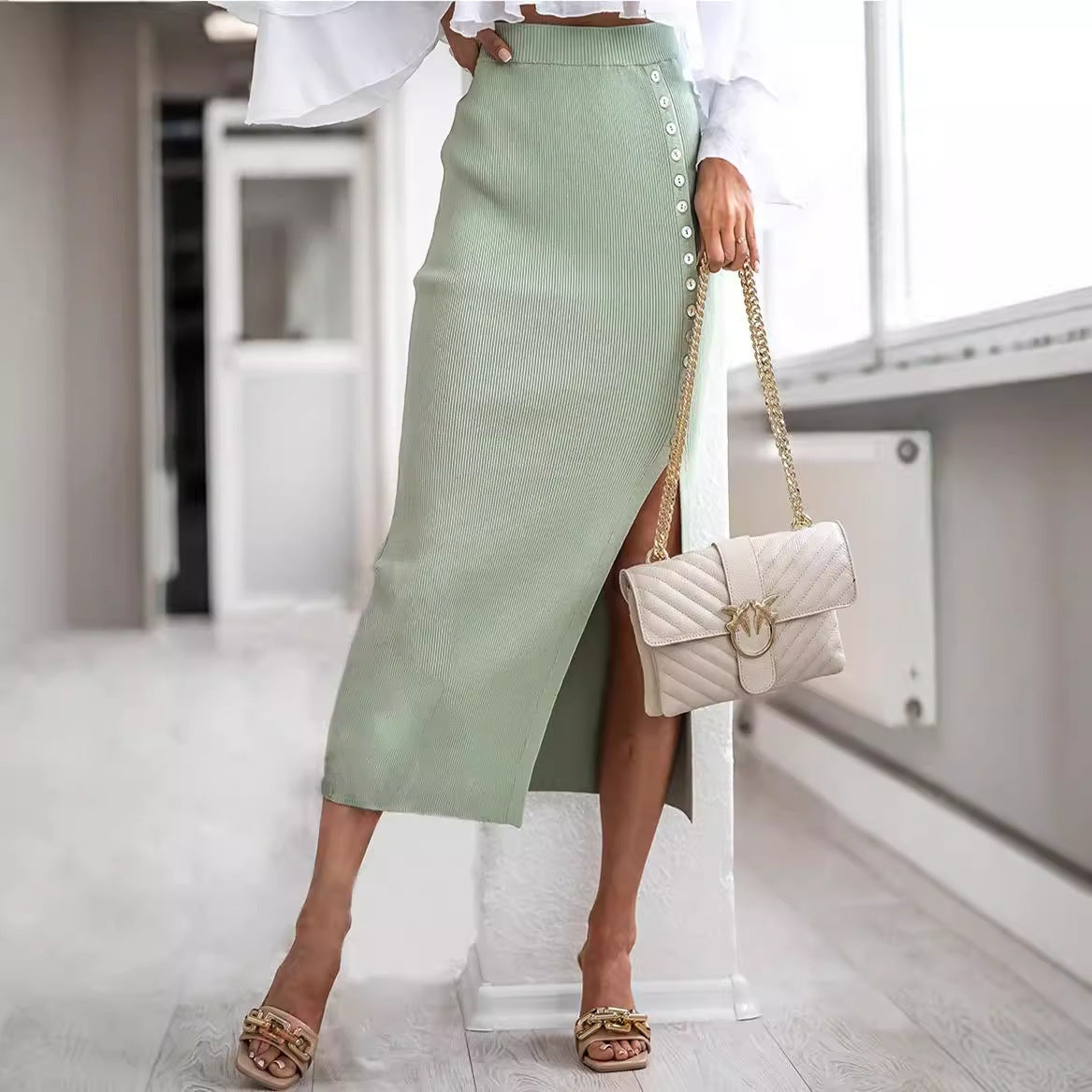 Ribbed Side Slit Bittons Midi Skirt