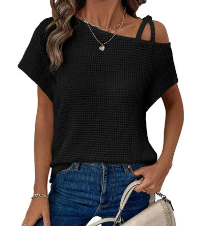 Short-sleeved Knitted Solid Color Womens Top Off-shoulder