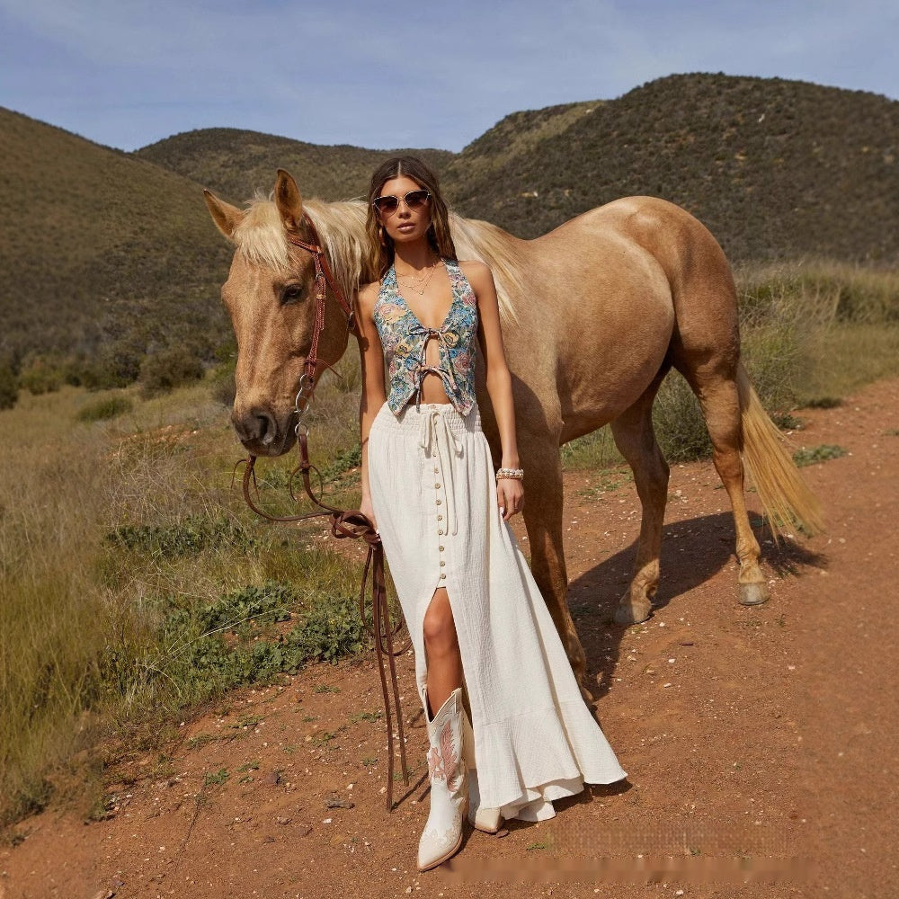 Lace-up Waist-slimming Front Slit Long Skirt