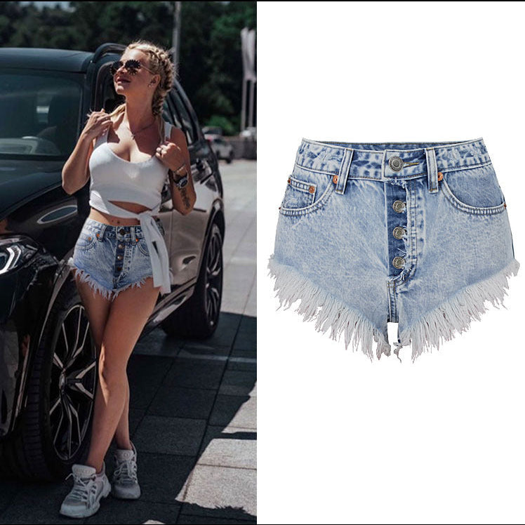 High Waist Worn Style Denim Shorts Hot Shorts