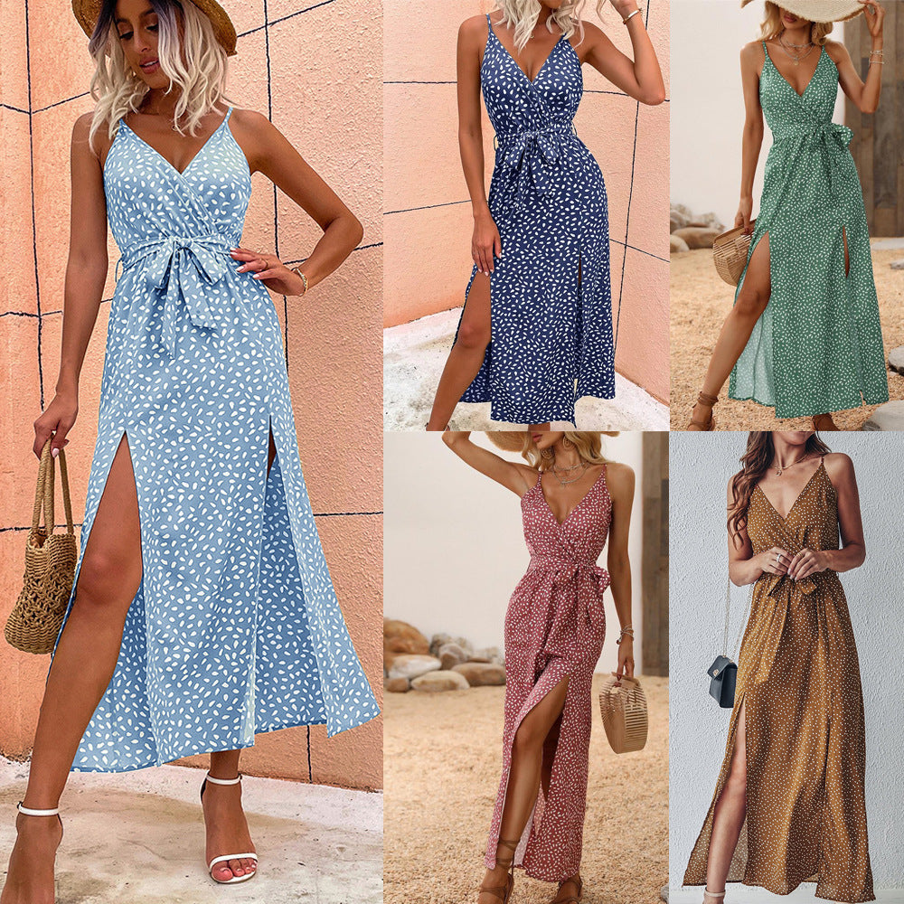 V-neck Suspender Floral Lace-up Long Dress