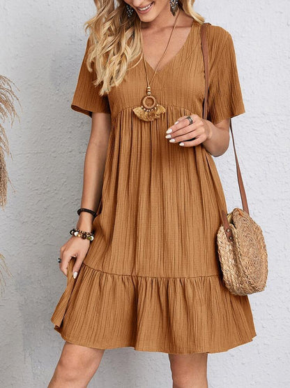 V-neck Short Sleeve Dress Summer Casual Loose Ruffled Dress