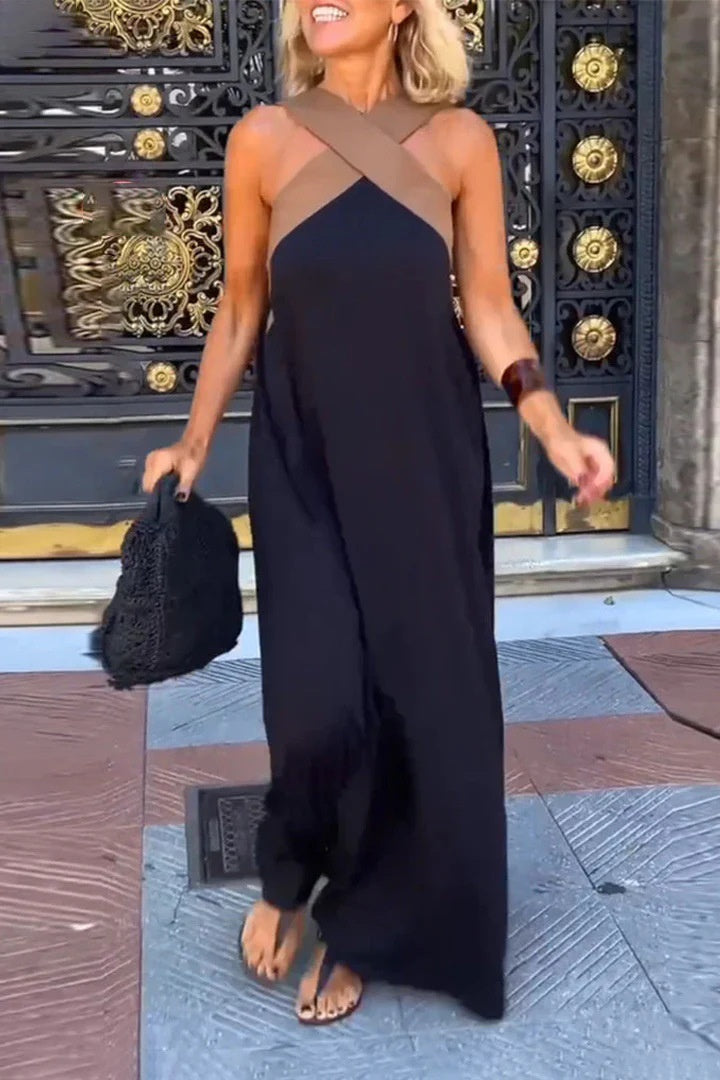 Cotton And Linen Sleeveless Dress Pure Color Halter