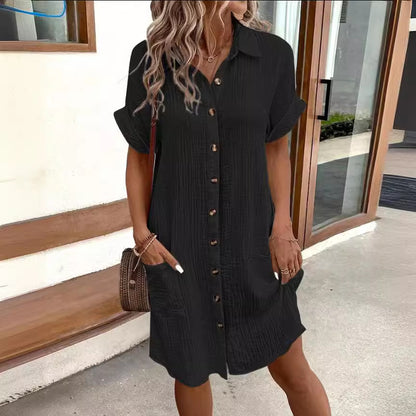 Short Sleeve Shirt Dress Solid Color Mid-length Loose Dress