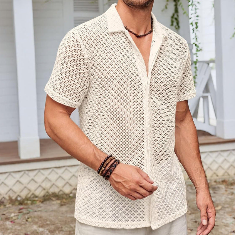 Mesh Short Sleeve Shirt Solid Color Lapel Shirt