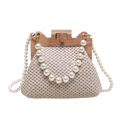 Straw Beach Pearl Chain Woven Shoulder Bag