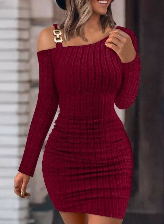 Off-Shoulder Metal Buckle Long Sleeve Autumn Dress
