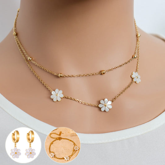 Daisy Flower Jewellery Double Layer Necklace, Earrings, Bracelet