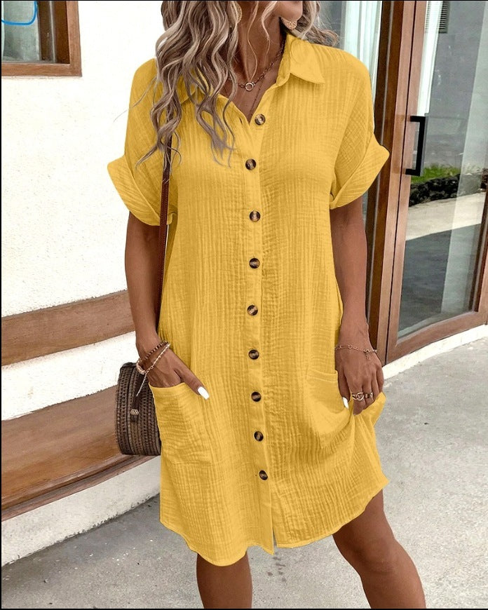 Short Sleeve Shirt Dress Solid Color Mid-length Loose Dress