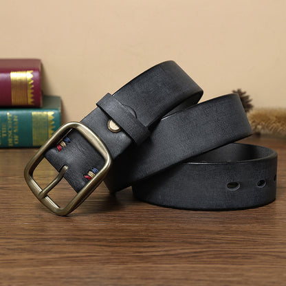 Thick Pure Copper Pin Buckle Male Genuine Cattlehide Leather Surface Retro Belt