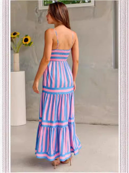 Striped Suspender Long Dress With Pockets Square Neck Backless Dresses