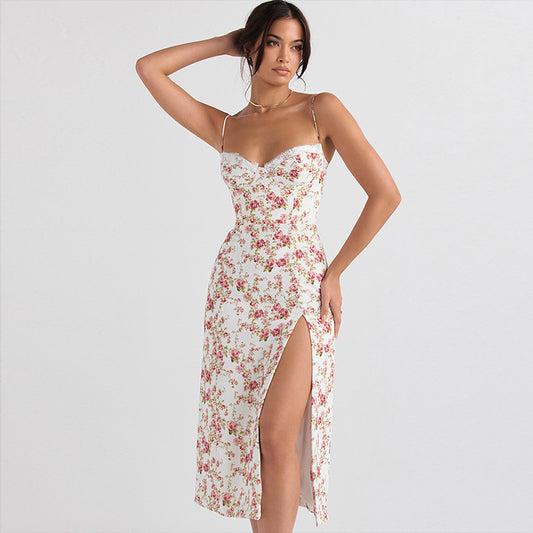 Lace Flower Print Long Dress Side Slit Suspender Dress