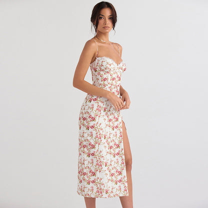 Lace Flower Print Long Dress Side Slit Suspender Dress