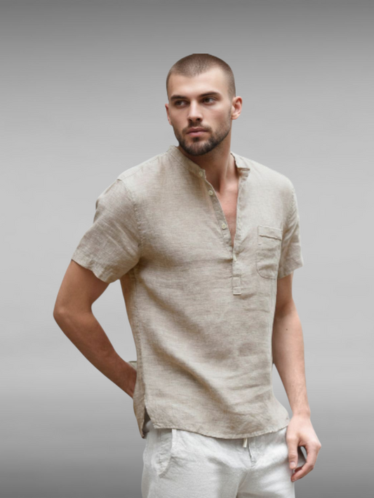 Casual Linen Solid Color Shirt Button V Neck Beach Shirt Men Summer Tops