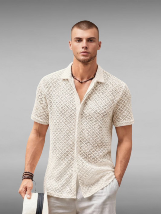 Mesh Short Sleeve Shirt Solid Color Lapel Shirt