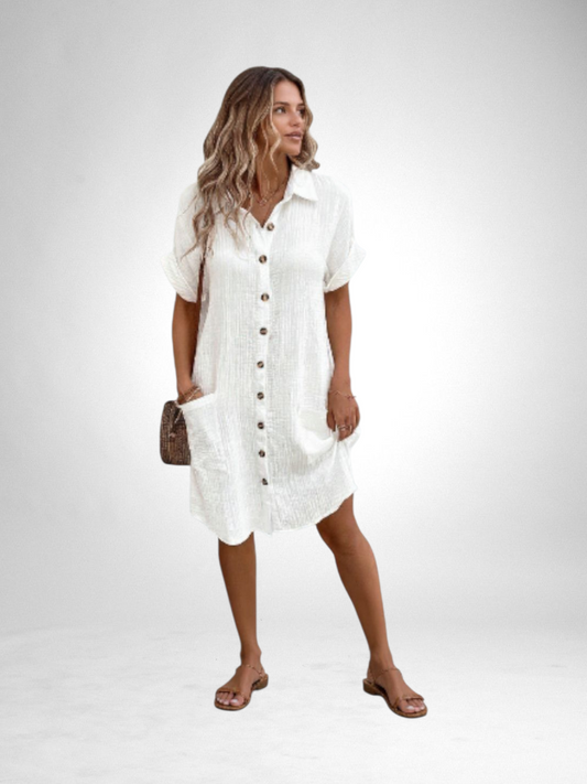 Short Sleeve Shirt Dress Solid Color Mid-length Loose Dress