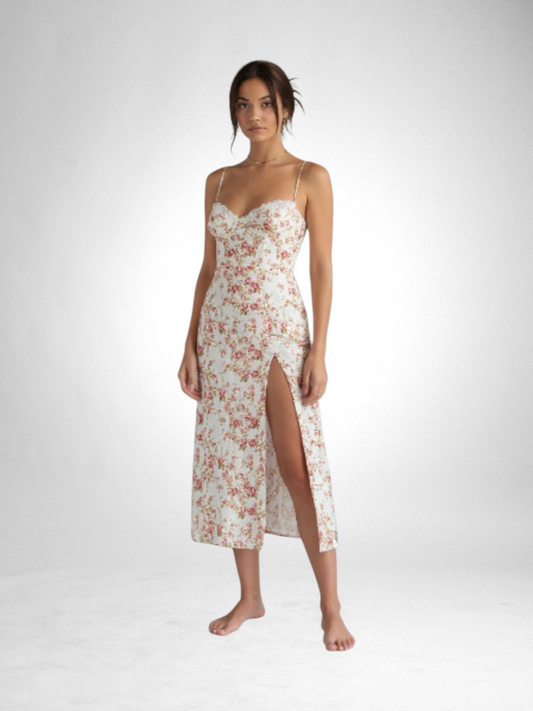 Lace Flower Print Long Dress Side Slit Suspender Dress