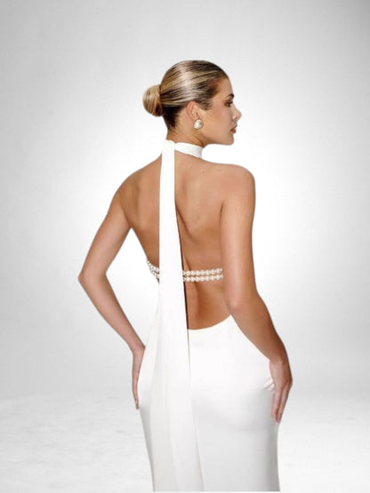 Collar Lace-up Back Beaded Decorative Sheath Dress